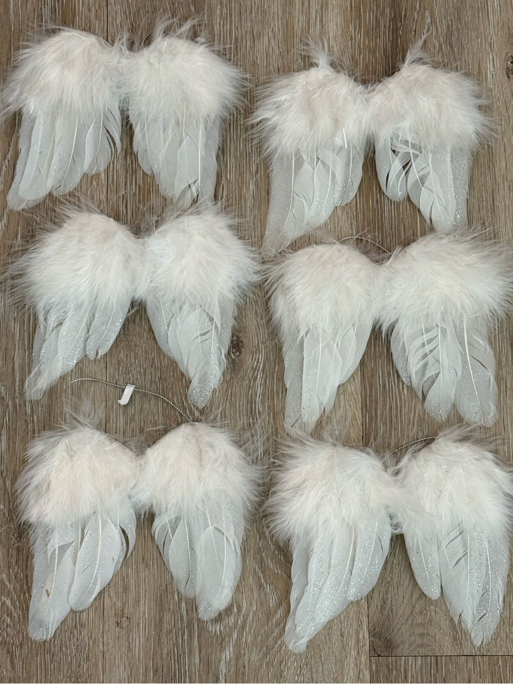 Vintage Pier 1 White Feather Angel Wings Silver Glitter Ornaments Set of 6